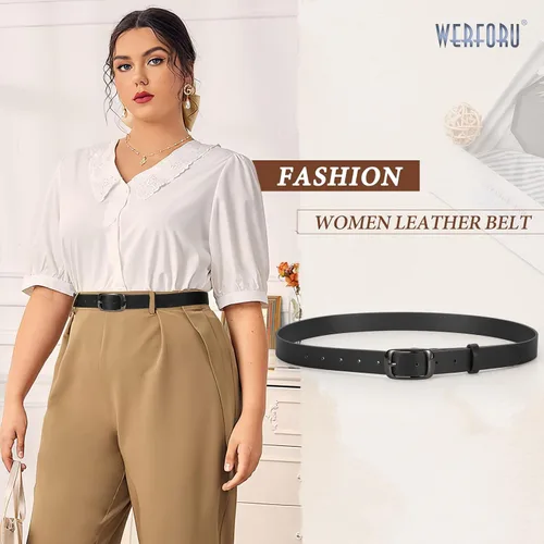 Vista 5 de WERFORU Cinturón de cuero negro para mujer, hebilla pulida de talla grande para pantalones vaqueros