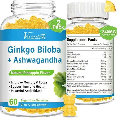 Vista 10 de Ginkgo Biloba - Gomitas de 240 mg con Panax Ginseng para un mejor estado de ánimo y concentración, mejora la salud cerebral, 60 gomitas veganas
