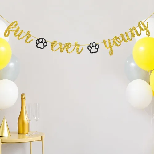 Vista 7 de Cartel de Fur Ever Young, decoraciones de fiesta de cumpleaños con temática de mascotas, pancarta de cumpleaños de perro y gato, suministros