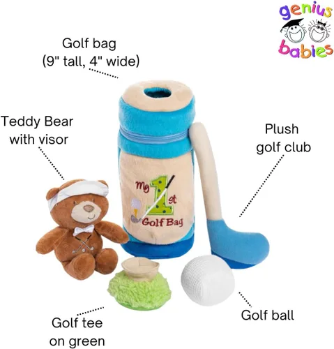 Vista 3 de Genius Baby Toys My First - Juego de juguetes para bebé, 5 piezas de felpa suave con palo de golf, pelota, camiseta y oso de peluche, para amantes