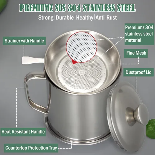 Vista 3 de Tellshun Recipiente de grasa de tocino con colador de 1.25 L / 42 oz fuerte atrapador de cocina de acero inoxidable de grado alimenticio con tapa