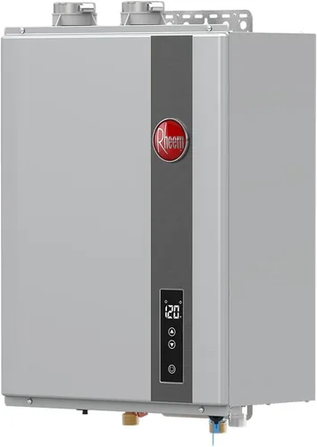 Vista 2 de Rheem - Calentador de agua de propano líquido sin tanque y con condensación, para interiores, hasta 6.8 GPM, 120,000 BTUs de agua caliente super