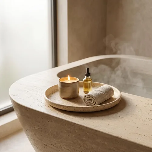 Vista 8 de YKAJO Beige Travertine Round Marble Tray, 10" Deep Dish Vanity Organizer