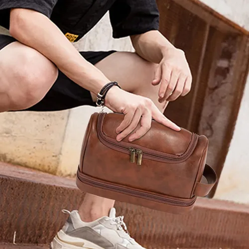 Vista 7 de Neceser personalizado para hombres, marido, novio, papá, kit de viaje de cuero de gran capacidad, hecho a mano, nombre personalizado, regalo único