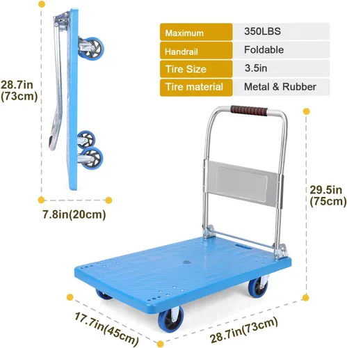 Vista 2 de Carro de mano de plataforma resistente para mudanza, plataforma plegable con ruedas giratorias de 360 grados, carrito de mano plegable para carga