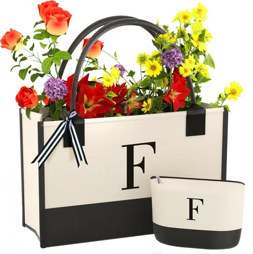 Vista 15 de Monogrammed Canvas Tote Bag with Zipper Pockets - Ideal Gift for Mom, Teacher, Sister