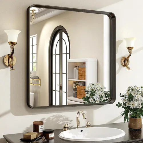 Vista 27 de Espejo de baño negro de 30"x22" - Espejo moderno para pared con esquinas redondeadas, espejos de baño para tocador, espejo enmarcado de aleación