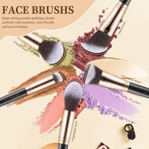 Vista 2 de Juego de brochas de maquillaje con estuche de viaje negro, base sintética suave de alta calidad, pinceles de contorno y sombra de ojos para mezcla
