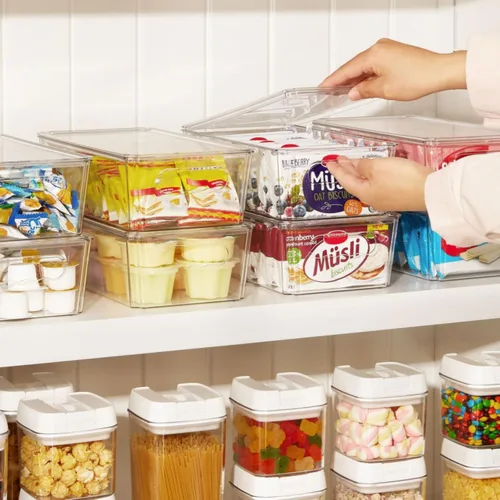 Vista 4 de Refrigerador Oragnizer con tapa, recipientes de plástico transparente apilables, contenedor de almacenamiento de alimentos reutilizable, sin BPA