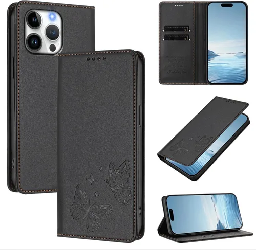 Vista 2 de Butterfly Embossed Leather Wallet Flip Case for Motorola Moto E22i 4G, Magnetic Closure, RFID Blocking Cover, Card Holder Black.