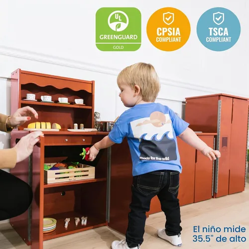 Vista 6 de ECR4Kids Cocina de Juguete Armario de Almacenamiento, Set de Juego de Madera, Nogal Oscuro