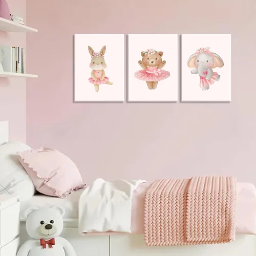 Vista 2 de 3 piezas de lienzo de animales de bailarina rosa, arte de pared, lindo elefante, conejo, oso, decoración de pared, imágenes de guardería, habitación