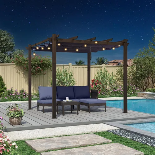 Vista 42 de PURPLE LEAF Pérgola de 10 x 12 pies con toldo retráctil, pérgola cuadrada de bronce de aluminio para patio al aire libre, junto a la piscina, beige