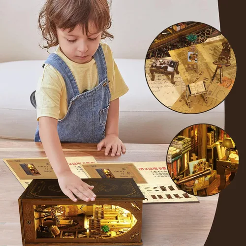 Vista 6 de Kit de Rincón de Libros, MOJINO Rompecabezas 3D en Miniatura DIY Sujetalibros de Madera Casa de Muñecas con Luces LED para Decoración de Estantería