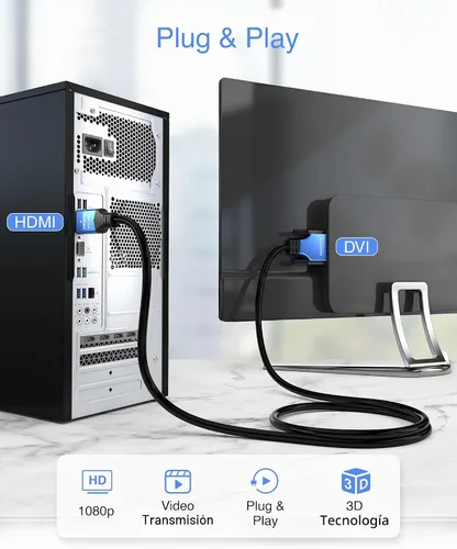 Vista 4 de BlueRigger Cable adaptador DVI a HDMI de 3 pies (alta velocidad, bidireccional, chapado en oro macho a macho, 1080p) - Cable HDMI a DVI