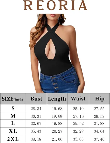 Vista 4 de REORIA Butsmooth - Camiseta ajustada sexy de moda para mujer, con cuello halter cruzado, sin mangas, para discoteca