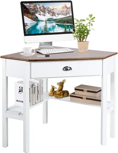 Vista 10 de Tangkula Escritorio esquinero, escritorio de esquina para computadora con cajón para espacio pequeño, escritorio de tocador de maquillaje de esquina
