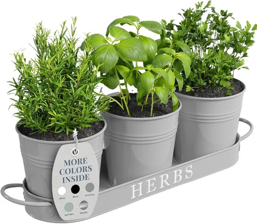 Vista 12 de Barnyard Designs - Juego de macetas para jardín de hierbas de interior con bandeja, macetas de metal para alféizar con drenaje para plantas de Negro