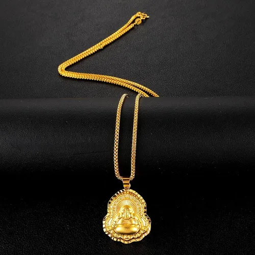 Vista 5 de Collar de Buda riendo chapado en oro de 24 quilates, colgante religioso con amuleto de la suerte, joyería Fengshui, Cobre, No es una piedra preciosa