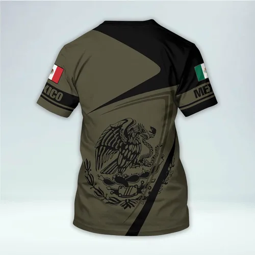 Vista 4 de Camiseta personalizada 3D de México para hombres con nombre, camiseta de manga corta con cuello redondo y bandera mexicana para hombre, camisas
