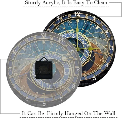 Vista 3 de LORVIES Reloj astronómico de Praga, silencioso, sin tictac, acrílico, decorativo, de 10 pulgadas, reloj redondo para oficina en casa y escuela