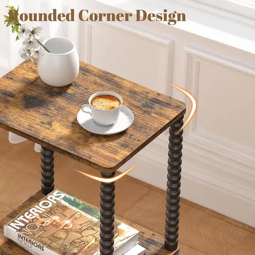 Vista 6 de Mesa auxiliar, mesa auxiliar pequeña, mesita de noche de 2 niveles con estantes de almacenamiento, mesa de centro para espacios pequeños, diseño