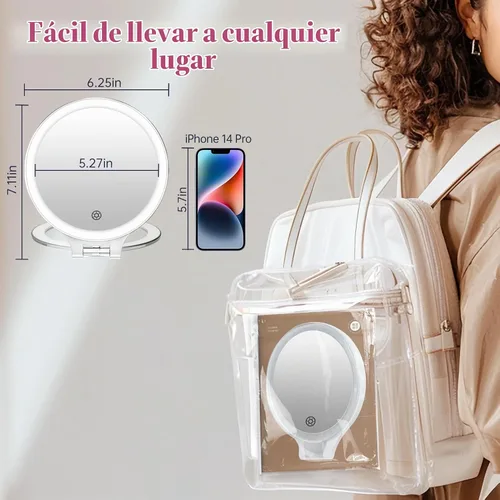 Vista 2 de Espejo de aumento con luz 10X/1X, espejo de viaje de doble cara con luz, espejo de maquillaje recargable con 3 ajustes de color Soporte ajustable