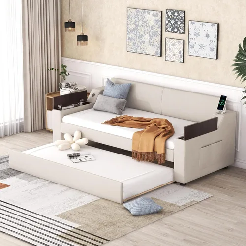Vista 3 de Sofá cama doble con cama nido y 2 brazos de almacenamiento multifuncionales, marco de sofá cama de tela de lino con carga USB para habitación