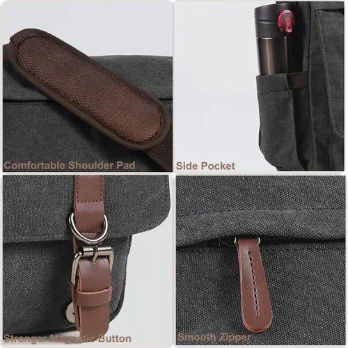 Vista 5 de Bolsa de mensajero de lona para hombres y mujeres, bolsa de viaje para laptop, maletín de negocios de 15.6 pulgadas