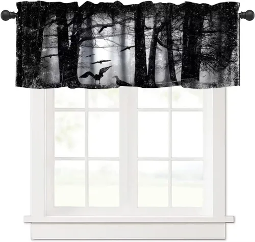 Vista 27 de Cortina de cenefa para fiesta de Halloween, diseño de dibujos animados, lindo fantasma, castillo sombrío, calabaza, murciélago, bolsillo para barra