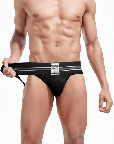 Vista 2 de Jock Straps para hombre, ropa interior atlética de banda ancha de 3' Negro