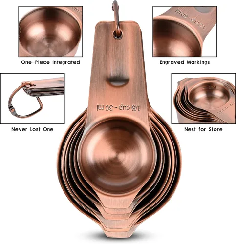Vista 6 de Juego de tazas y cucharas medidoras de cobre, juego de tazas y cucharas medidoras de acero inoxidable, taza métrica y estadounidense 7 medida y 9