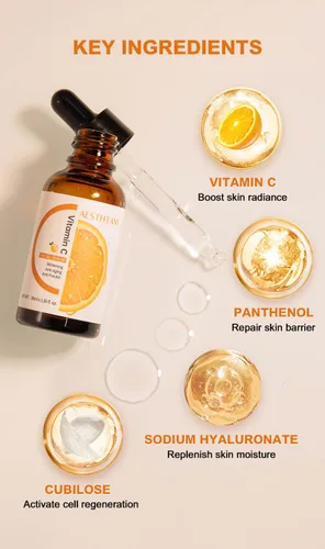 Vista 3 de Suero de vitamina C prémium para cara, suero antienvejecimiento con ácido hialurónico, pantenol, cubilosa, retinol y aminoácidos, hidrata y aumenta