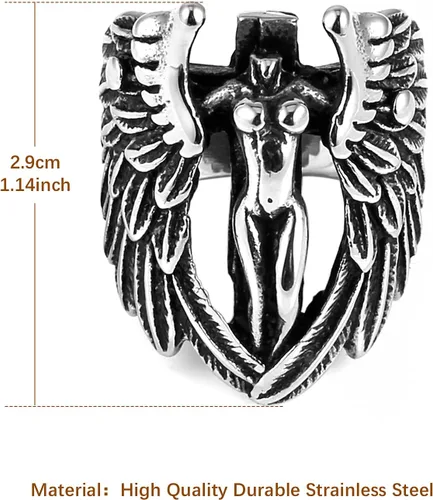 Vista 2 de HZMAN Anillo de acero inoxidable con alas de ángel de plumas de diosa de arcángel vintage