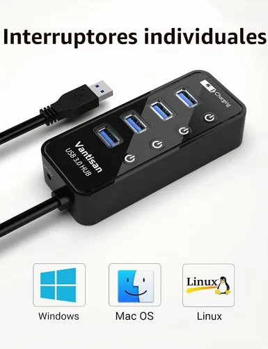 Vista 6 de vantisan Concentrador USB 3.0 alimentado, extensión USB de 4 puertos USB Hub Splitter (4 puertos de datos USB 3.0 + 1 puerto de carga inteligente)