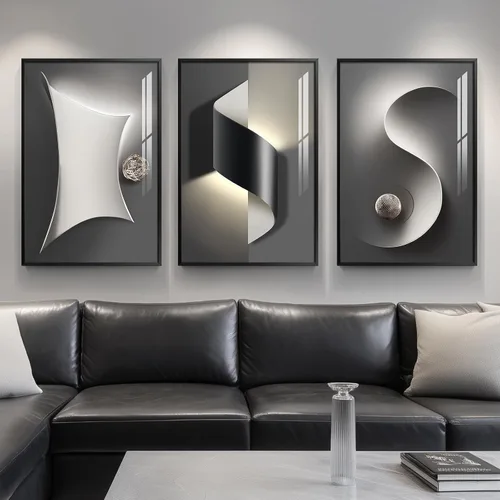 Vista 11 de Juego de arte moderno enmarcado de 3 piezas, arte abstracto de líneas geométricas en blanco y negro, pinturas artísticas de lujo contemporáneas