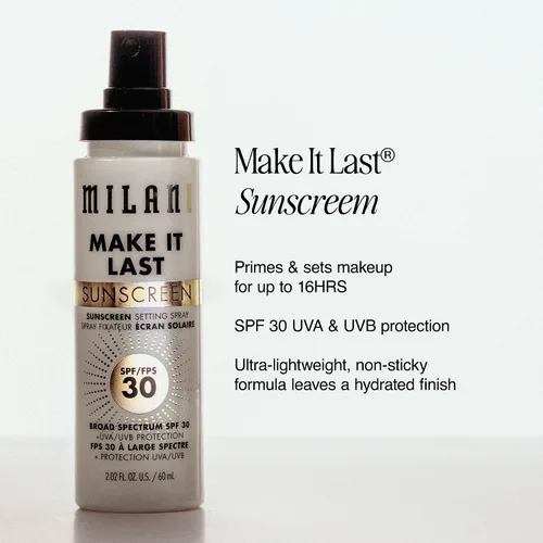 Vista 3 de Milani Spray de fijación y base de maquillaje + protector solar, protector solar duradero para la cara - SPF 30 Protección UVA y UVB Fórmula rica