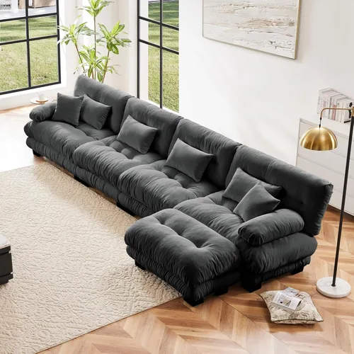 Vista 54 de Sofá modular en forma de U de 118 pulgadas con 2 otomanas, sofá de nube de terciopelo peletizado con almohadas de apoyabrazos de refuerzo, cómodo