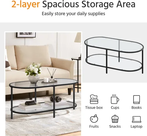 Vista 8 de Yaheetech Mesa de centro de cristal, pequeña mesa central negra con estante de almacenamiento para sala de estar, espacio pequeño, apartamento