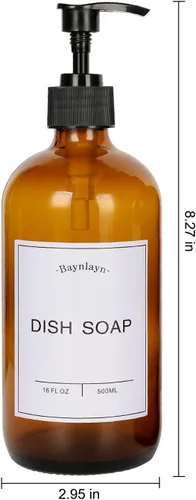 Vista 4 de Dispensador de jabón de vidrio ámbar con bomba antioxidante. Dispensador de jabón recargable de cocina y baño para jabón de platos, desinfectante