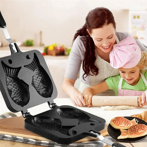 Vista 7 de ZOOFOX Molde para pastel Taiyaki en forma de pez, sartén para freír con revestimiento antiadherente con mango largo, molde para hornear panqueques