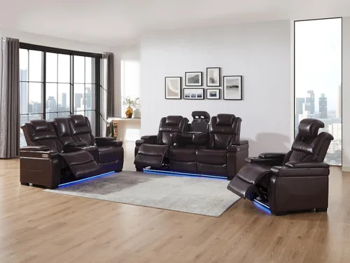 Vista 12 de THSUPER Juego de sofás reclinables de cuero transpirable con potencia con luz LED, asientos reclinables de cine en casa con reposacabezas