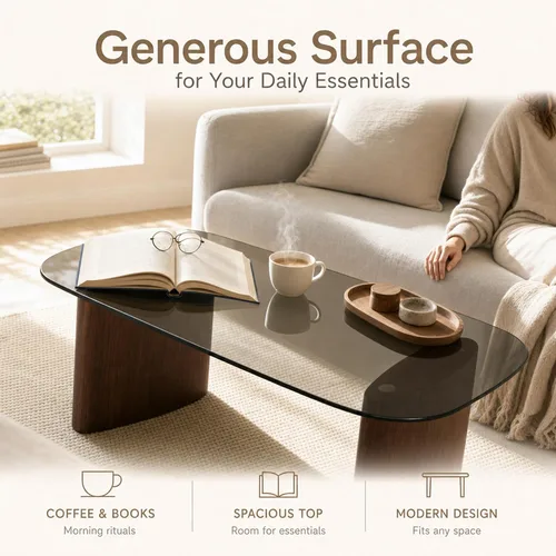 Vista 7 de Mesa de centro moderna de cristal, mesa de centro para sala de estar, tapa de vidrio templado con base de madera resistente, mesas de centro