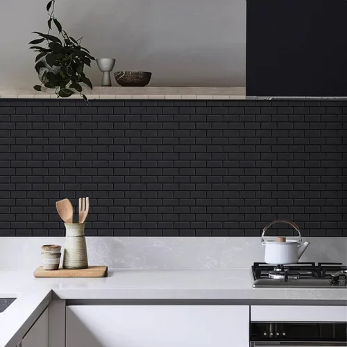 Vista 6 de Azulejos negros mate para despegar y pegar estilo metro para cocina, diseño más grueso, azulejos adhesivos para pegar en la sala de estar, azulejos