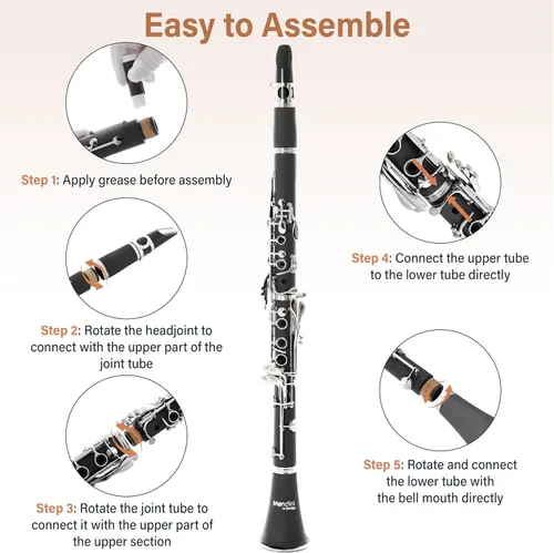 Vista 5 de Mendini by Cecilio Clarinete plano B para principiantes, clarinete Ebonite Bb con 2 barriles reemplazables, 10 cañas, soporte, bolsillo, boquilla