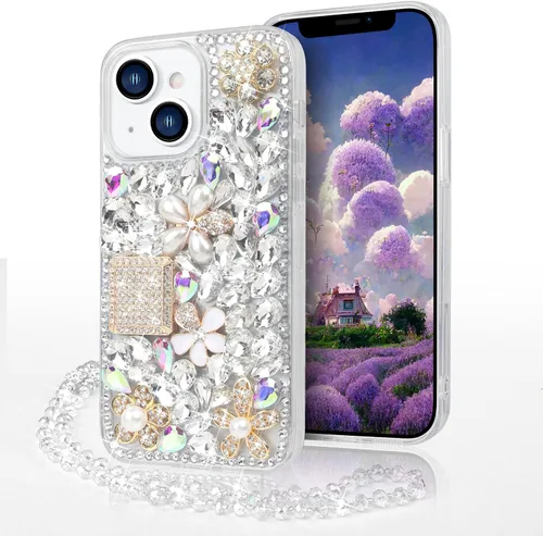 Vista 8 de Losin Funda compatible con iPhone 15 con correa de cordón, diamantes de imitación de cristal 3D de lujo para mujeres y niñas, funda brillante