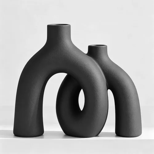 Vista 15 de Juego de jarrones negros mate – Jarrones estéticos de cerámica Hug Hollow Donut para decoración del hogar, moderno jarrón decorativo nórdico
