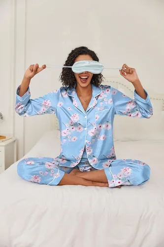 Vista 4 de Ekouaer - Conjunto de pijama clásico de seda satinada, con botones, para mujer
