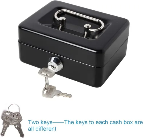 Vista 8 de Caja de dinero pequeña con bandeja de dinero y cerradura, caja de dinero de metal para efectivo, caja de seguridad XXS, color negro