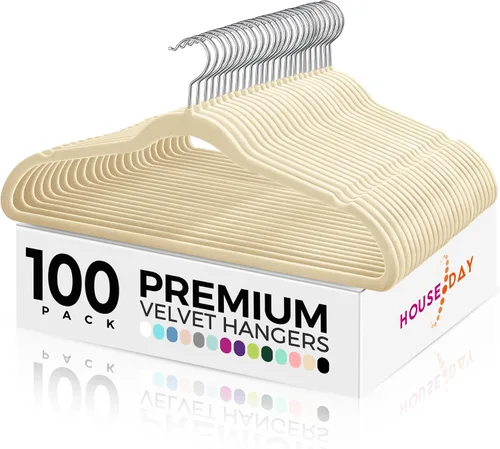 Vista 12 de HOUSE DAY - Paquete de 50 perchas de terciopelo premium, perchas antideslizantes de fieltro aterciopelado, perchas resistentes para ropa con gancho